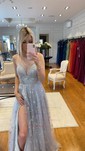 A-line V-neck Lace Sparkly Prom Dresses With Star