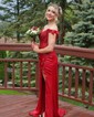 Sheath/Column Off-the-shoulder Satin Prom Dresses With Beading