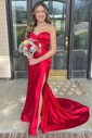 Mermaid Strapless Satin Cut Out Prom Dresses With Ruched