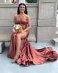Mermaid Strapless Satin Cut Out Prom Dresses With Ruched