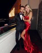 Mermaid Strapless Satin Cut Out Prom Dresses With Ruched