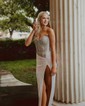 Sheath/Column Strapless Sparkly Sequin Prom Dresses With Beading