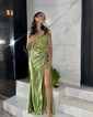Sheath/Column V-neck Satin Corset Prom Dresses With Appliques