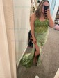 Sheath/Column V-neck Satin Corset Prom Dresses With Appliques