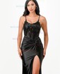 Sheath/Column V-neck Satin Corset Prom Dresses With Appliques