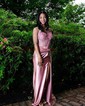Sheath/Column V-neck Satin Corset Prom Dresses With Appliques