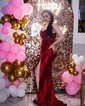Sheath/Column V-neck Satin Corset Prom Dresses With Appliques