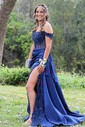 Sheath/Column Off-the-shoulder Satin Corset Prom Dresses With Appliques