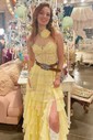 Ball Gown High Neck Chiffon Tiered Prom Dresses With Appliques