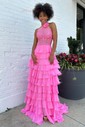 Ball Gown High Neck Chiffon Tiered Prom Dresses With Appliques