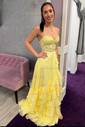 A-line Strapless Chiffon Ruffle Tiered Prom Dresses With Appliques