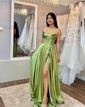 A-line Satin Floor-length Strapless Prom Dresses With Ruched