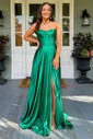 A-line Satin Floor-length Strapless Prom Dresses With Ruched