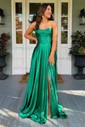 A-line Satin Floor-length Strapless Prom Dresses With Ruched