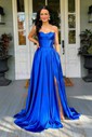 A-line Satin Floor-length Strapless Prom Dresses With Ruched