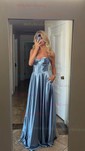 A-line Satin Floor-length Strapless Prom Dresses With Ruched