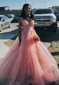 Princess V-neck Backless Tulle Prom Dresses With Appliques