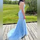 Mermaid Scoop Neck Backless Tulle Prom Dresses With Appliques