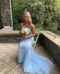 Sheath/Column Scoop Neck Backless Tulle Prom Dresses With Appliques