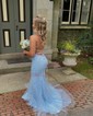 Sheath/Column Scoop Neck Backless Tulle Prom Dresses With Appliques