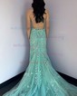 Sheath/Column Scoop Neck Backless Tulle Prom Dresses With Appliques
