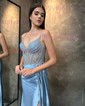 Sheath/Column V-neck Satin Corset Prom Dresses With Beading