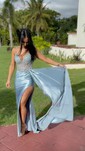 Sheath/Column V-neck Satin Corset Prom Dresses With Beading