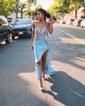 Sheath/Column V-neck Satin Corset Prom Dresses With Beading