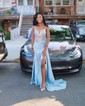 Sheath/Column V-neck Satin Corset Prom Dresses With Beading