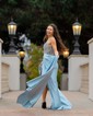 Sheath/Column V-neck Satin Corset Prom Dresses With Beading