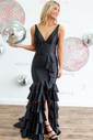Mermaid V-neck Satin Ruffle Tiered Prom Dresses