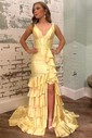 Mermaid V-neck Satin Ruffle Tiered Prom Dresses
