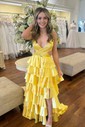 Ball Gown V-neck Satin Cut Out Tiered Prom Dresses