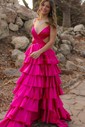 Ball Gown V-neck Satin Cut Out Tiered Prom Dresses