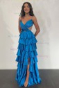Ball Gown V-neck Satin Cut Out Tiered Prom Dresses