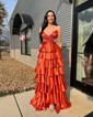 Ball Gown V-neck Satin Cut Out Tiered Prom Dresses