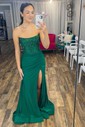 Sheath/Column Strapless Satin Corset Prom Dresses With Beading