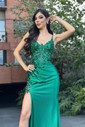 Sheath/Column V-neck Glitter Corset Prom Dresses With Appliques