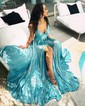 A-line V-neck Glitter Prom Dresses With Ruched