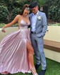 A-line V-neck Glitter Prom Dresses With Ruched