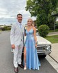 A-line V-neck Glitter Prom Dresses With Ruched