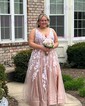 Ball Gown V-neck Tulle 3D Floral Prom Dresses With Appliques