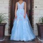 Ball Gown V-neck Tulle 3D Floral Prom Dresses With Appliques