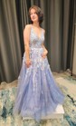 Ball Gown V-neck Tulle 3D Floral Prom Dresses With Appliques