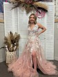Ball Gown V-neck Tulle 3D Floral Prom Dresses With Appliques