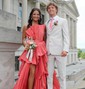 Ball Gown Strapless Satin Tiered Prom Dresses With Ruched