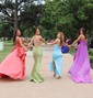 Ball Gown Strapless Satin Tiered Prom Dresses With Ruched