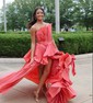 Ball Gown Strapless Satin Tiered Prom Dresses With Ruched