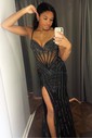 Black Sheath/Column V-neck Satin Beaded Prom Dresses