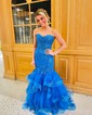 Mermaid Strapless Tulle Ruffle Prom Dresses With Appliques